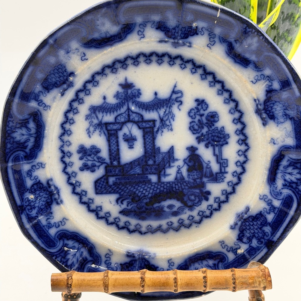 Antique T.J. & J. Mayer Oregon Flow Blue Plate Chinese Pagoda Stained 7 Crazed